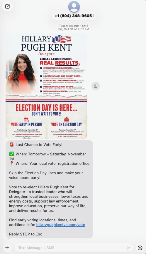 Hillary Pugh Kent peer-to-peer GOTV text message